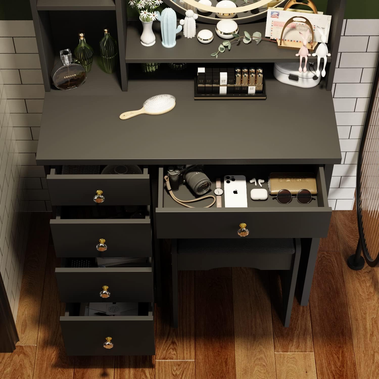 AGOTENI Makeup Vanity Set Dresser Desk with 5 Drawer and Shelf Round Mirror with Touch Screen and Light Vanity Set with Cushioned Stool for Bedroom, Black