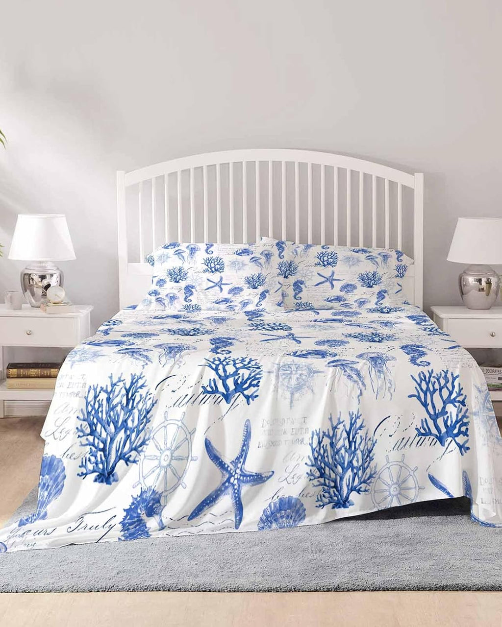Blue Coastal Cal King Sheet Set 4 Piece Bedding - Ocean Nautical Coral Seahorse Starfish Breathable Comfy Cooling Bed Sheets & Pillowcase Sets,Hotel Luxury Flat Sheets Deep Pockets Fitted Sheet
