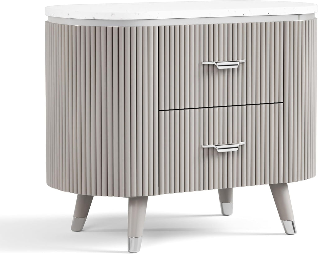 Furniture of America Vito Modern Solid Wood 2-Piece Bedroom Set with Upholstered Bed, Cultered Stone Top, Felt-Lined Top Drawer, Metal Side Glide on Nightstand, Box Spring Required, King, Light Gray