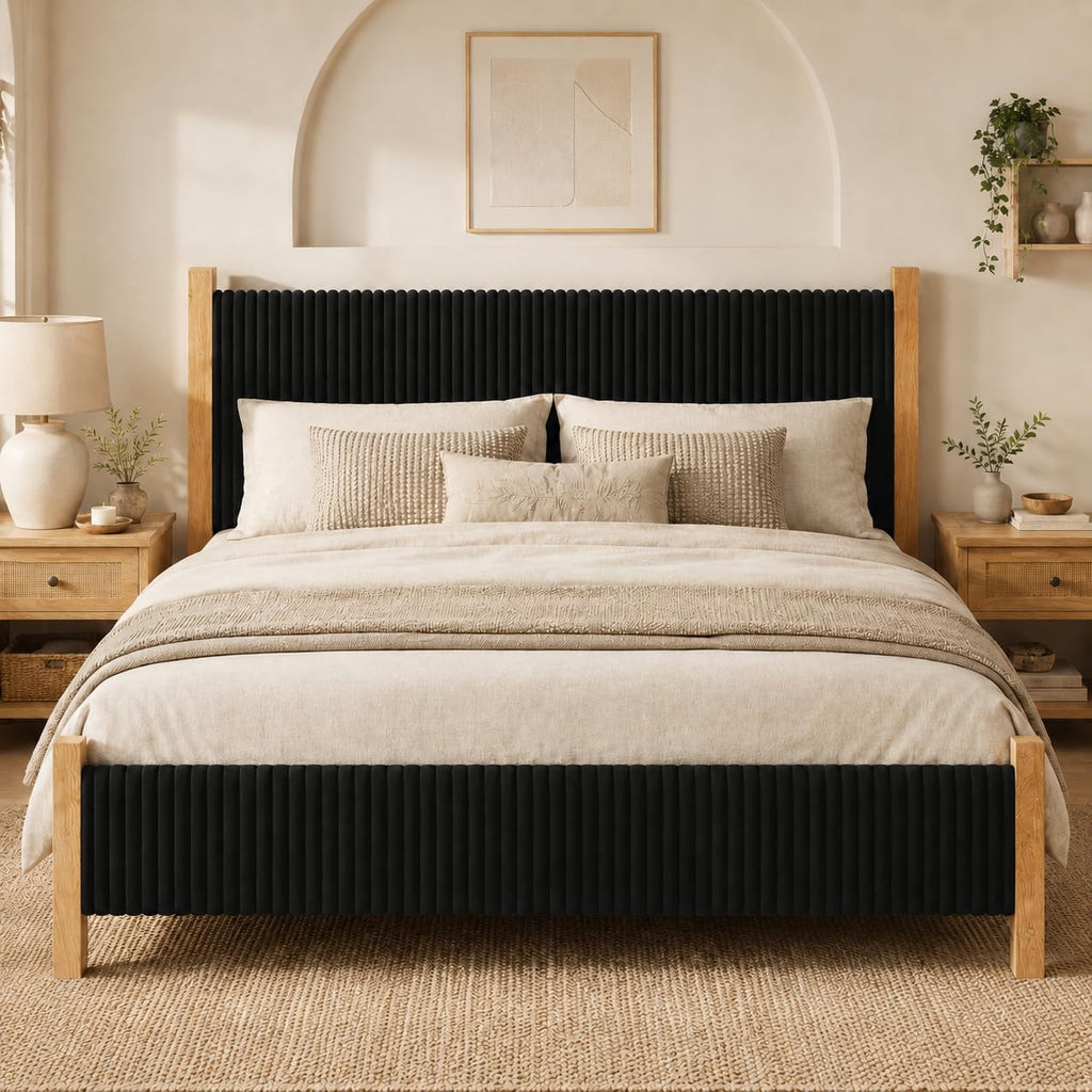 HOMBCK King Size Bed Frame with Headboard, Corduroy Upholstered King Bed Frame Wood, No Box Spring Needed, 4 Solid Wood Support, Noise-Free, Easy Assembly, Black