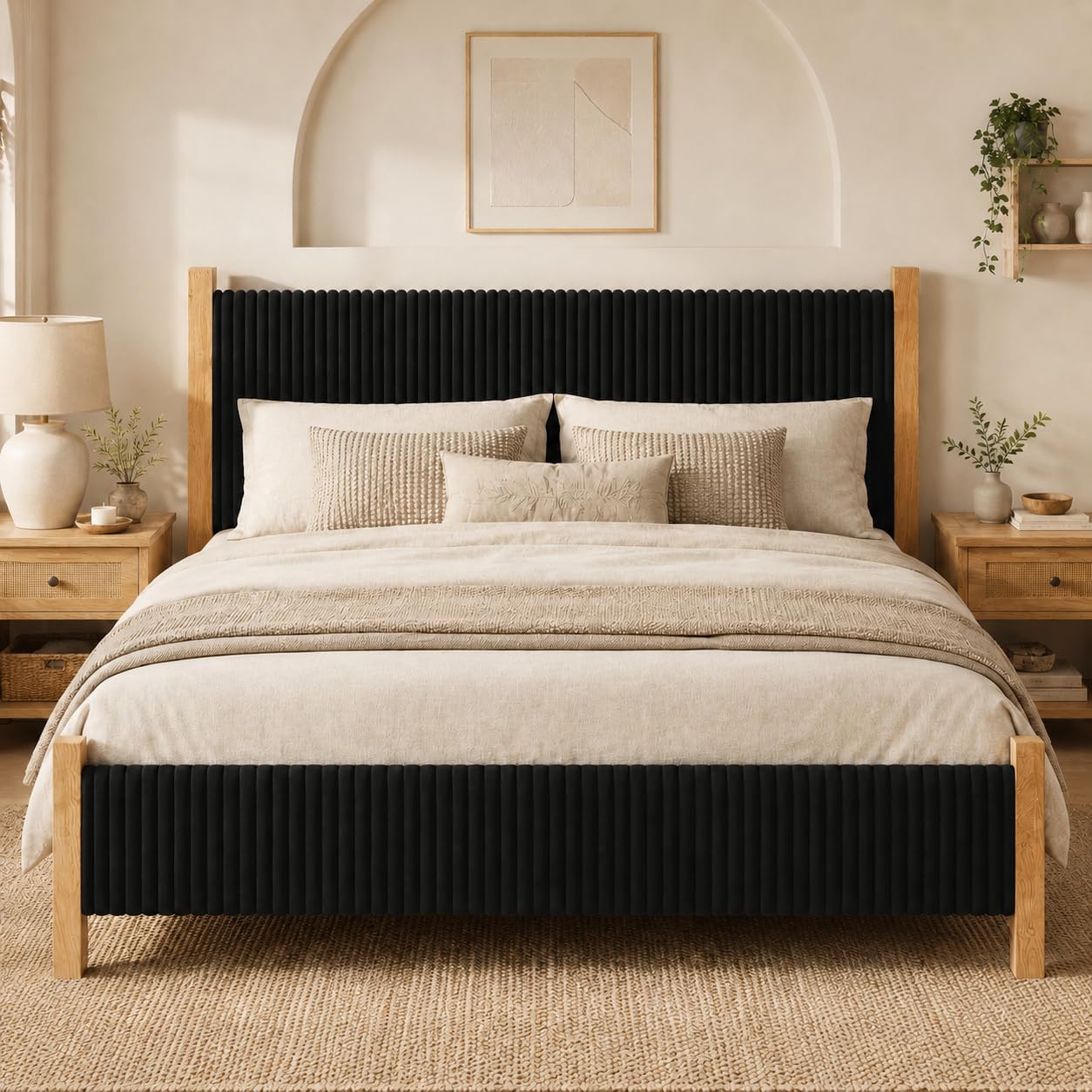HOMBCK King Size Bed Frame with Headboard, Corduroy Upholstered King Bed Frame Wood, No Box Spring Needed, 4 Solid Wood Support, Noise-Free, Easy Assembly, Black