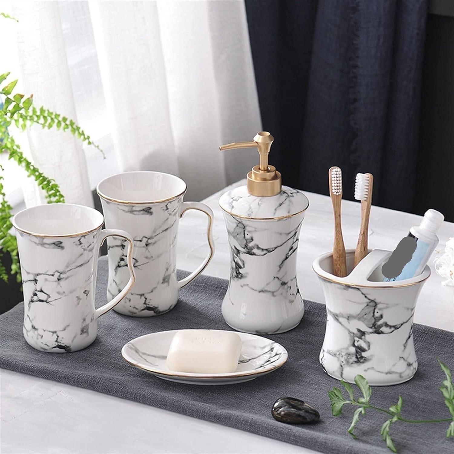Vanity Bathroom Decor, 5 Piece Set Bathroom Accessories Set White Marble Pattern Ceramic Soap Dispenser Set Kitchen Accessories Housewarming Gift
