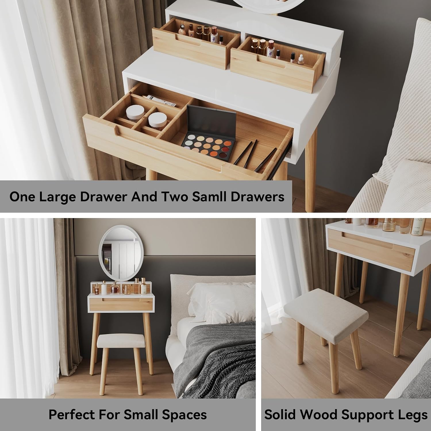 YOURLITE Small Makeup Vanity Desk with Lights, Compact Vanity Desk with Adjustable Brightness Mirror for Small Spaces, Dressing Table with Drawers and Storage Shelves