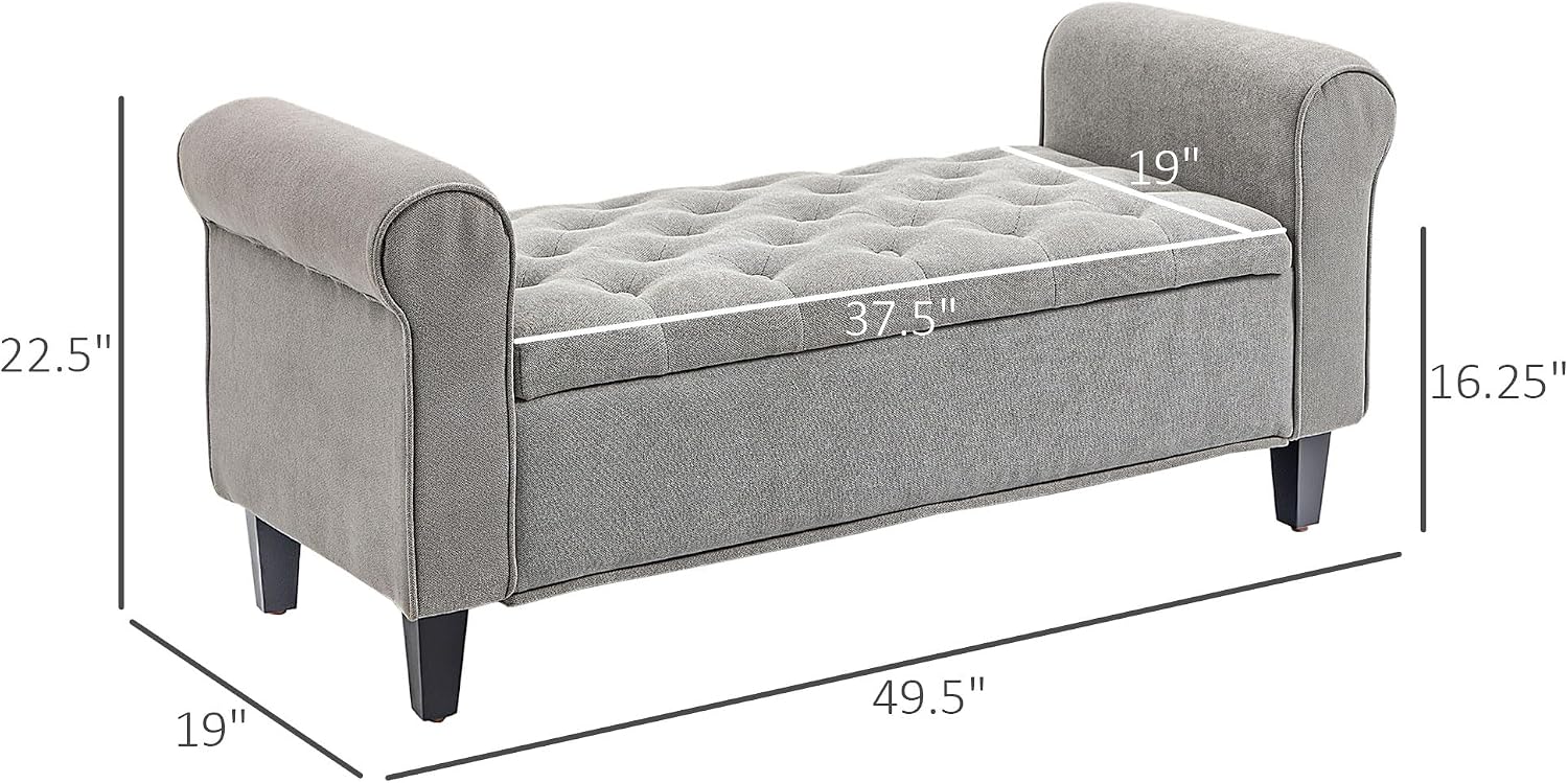 50' Storage Ottoman Bench, Upholstered End of Bed Bench with Rolled Arms, Wood Legs, Button Tufted Storage Bench with Safety Hinges for Living Room, Entryway, Bedroom, Gray