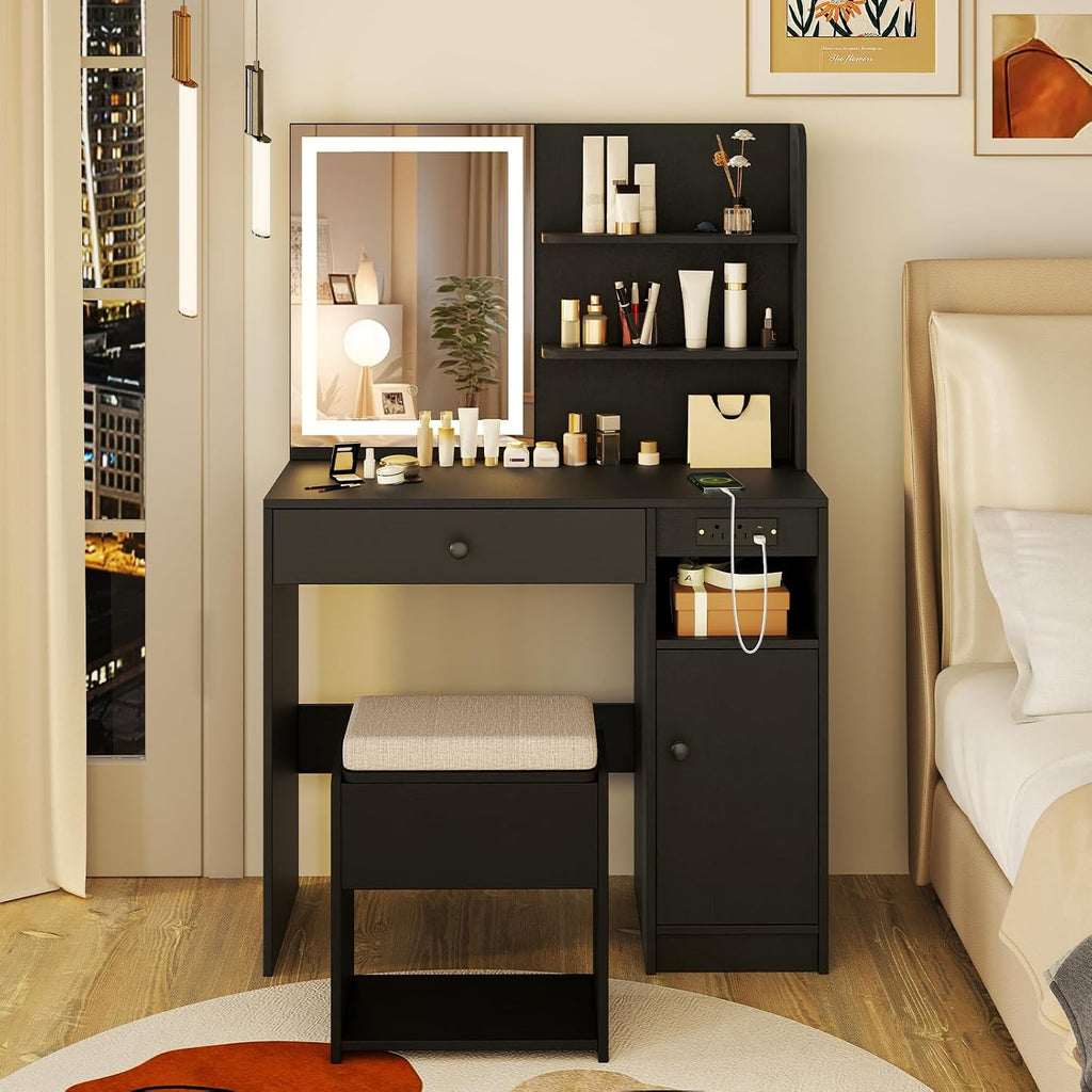 GOFLAME Makeup Vanity Set with Mirror and Lights, Vanity Desk with Charging Station, Storage Stool, 3-Color Lights, Drawer, Cabinet, Adjustable Shelf, Modern Dressing Table and Chair Set (Black)