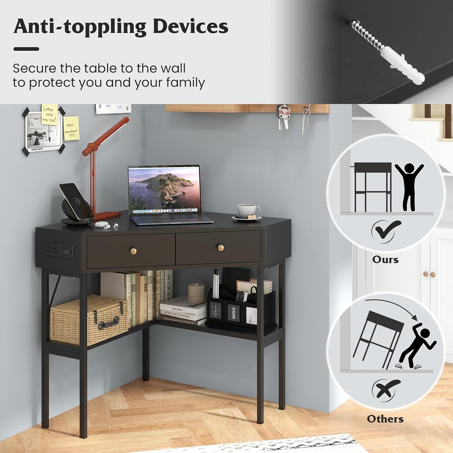 Corner Desk with Charging Station, 90° Triangle Desk w/ 2 Drawers, Storage Shelves, Corner Vanity Table for Bedroom, Compact Computer Desk for Small Space