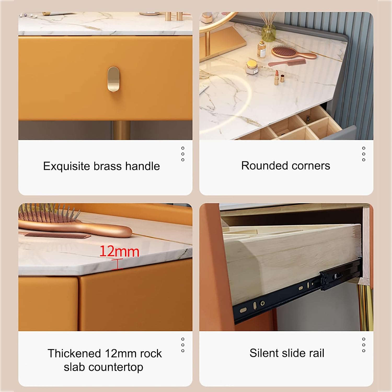 Corner Vanity Set with Lighted Mirror, Makeup Dressing Table with Drawers, Cabinet and Cushioned Stool, Girls Vanity Desk for Dressing Room, Bedroom,Khaki