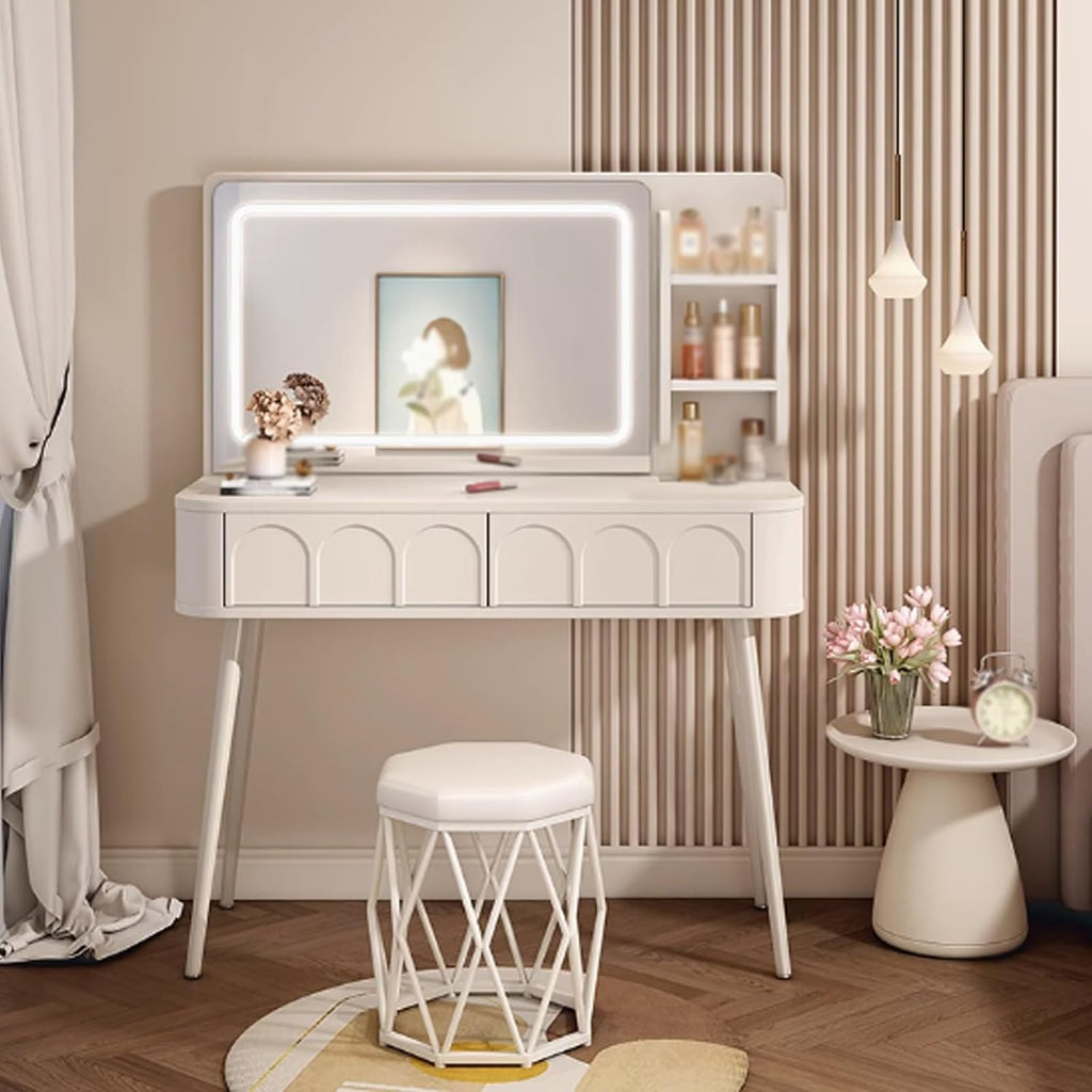 White Vanity with Lighted Mirror Vanity Desk with Lights Small Vanity Desk Smart Makeup Mirror Reasonable partition Rounded Corner Design Large Storage Capacity Suitable,A-60 * 40 * 77.5 cm