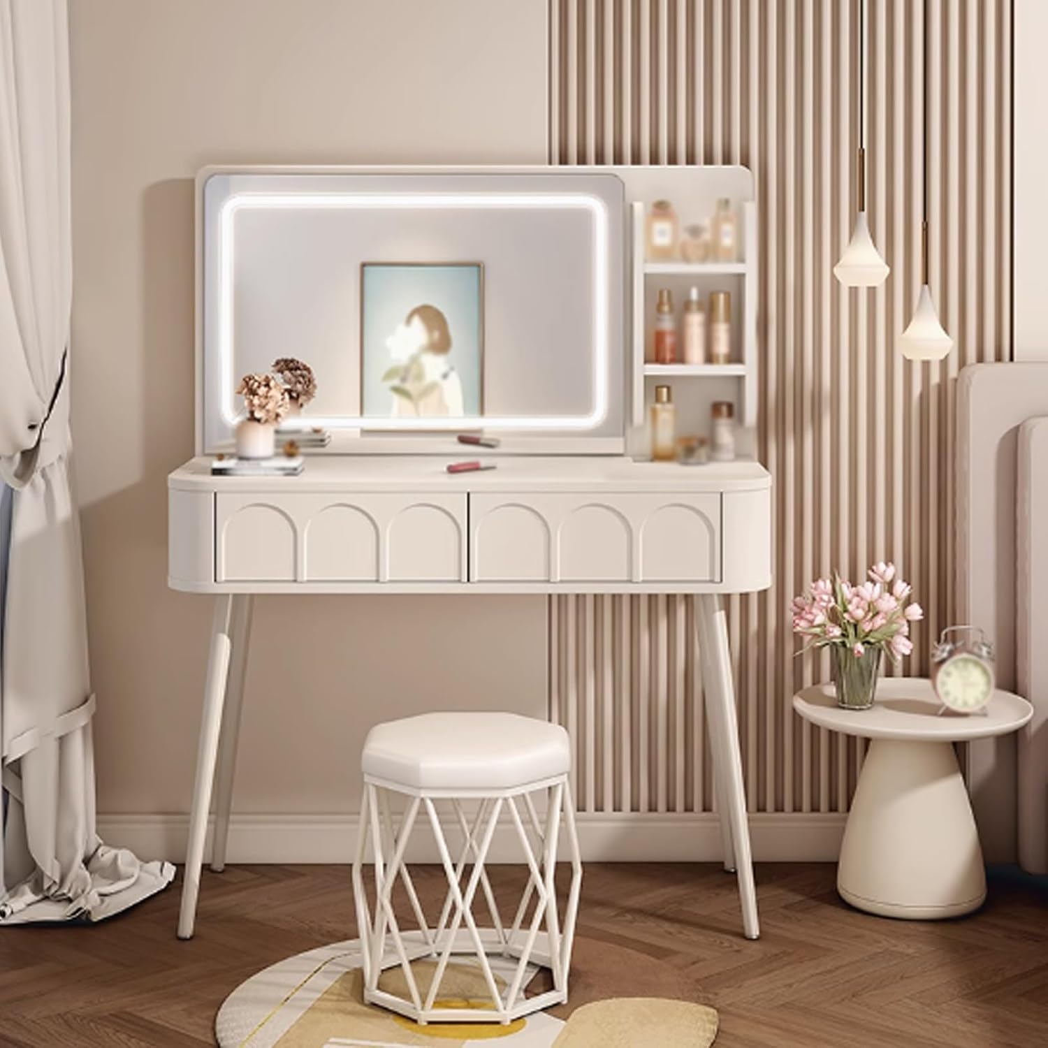 White Vanity with Lighted Mirror Vanity Desk with Lights Small Vanity Desk Smart Makeup Mirror Reasonable partition Rounded Corner Design Large Storage Capacity Suitable,A-60 * 40 * 77.5 cm