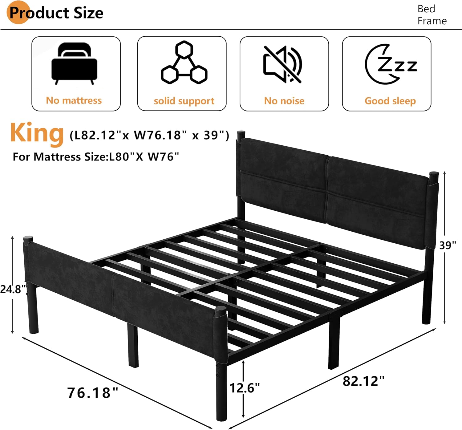 Metal Bed Frame,14Inch King Size Bed Frame with Storage Space,Heavy Duty Sturdy Mattress Foundation,Easy Assembly,No Box Spring Needed,Black King