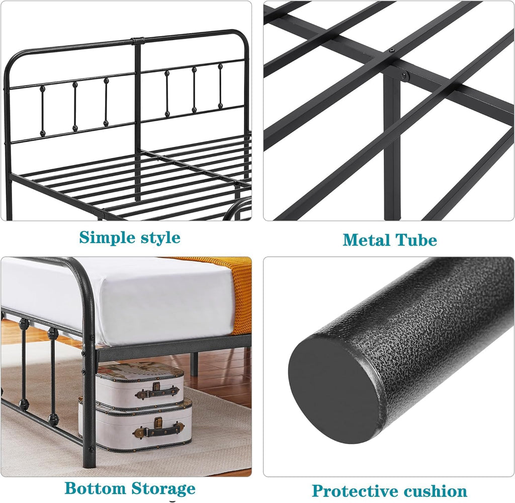 VECELO King Size Victorian Style Metal Bed Frame with Headboard Classic Metal Platform Bed Frame Mattress Foundation with Victorian Style Footboard/Under Bed Storage/No Box Spring Black