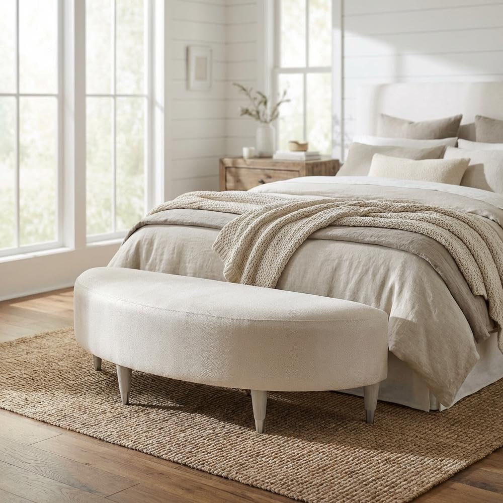 Michael Amini Eclipse Blue Bed Bench Solid & Manufactured Wood Frame Upholstered Ivory Polyester Seat Poplar Wood Base Comfortable Seating for Bedroom or Entryway