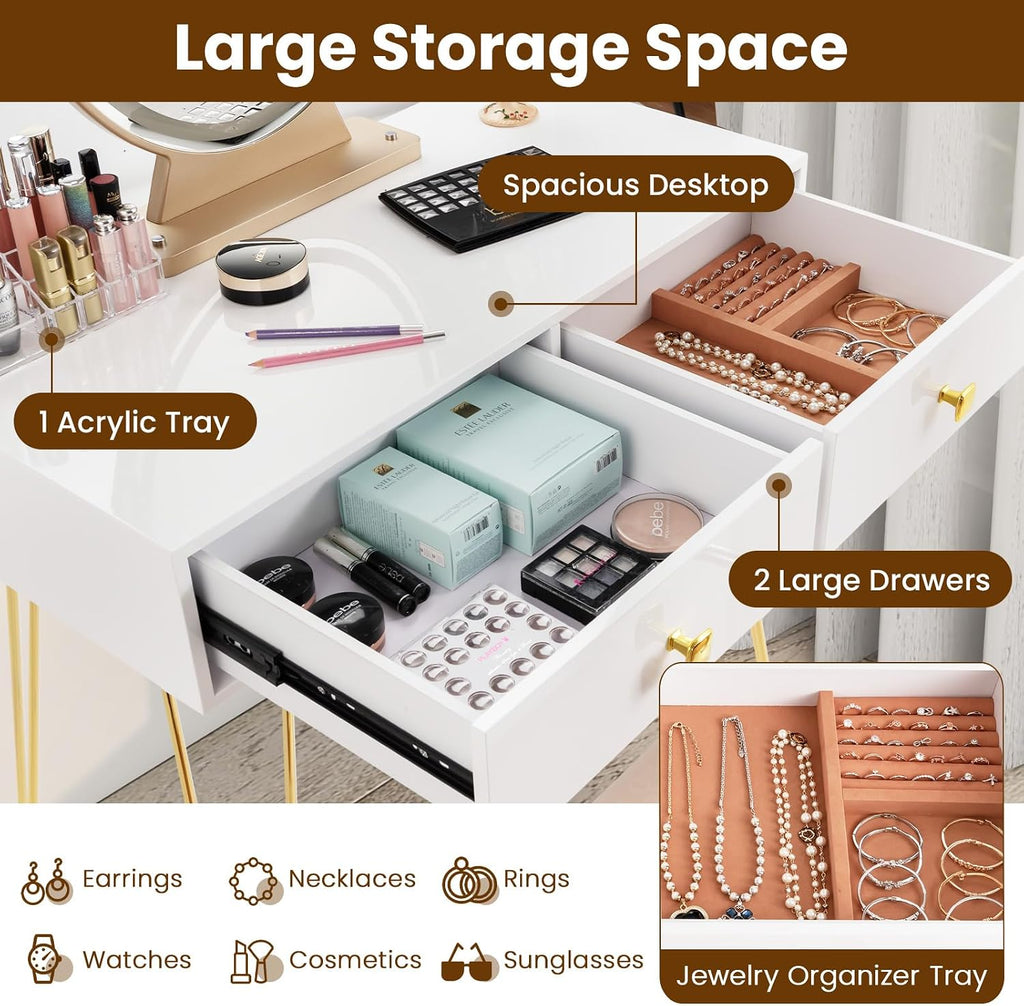 COSTWAY Vanity Desk with Mirror and Lights, Makeup Dressing Table Set w/ 3 Color Lighting Modes & Adjustable Brightness, Vanity Mirror with Desk and Stool for Bedroom Small Spaces (White)