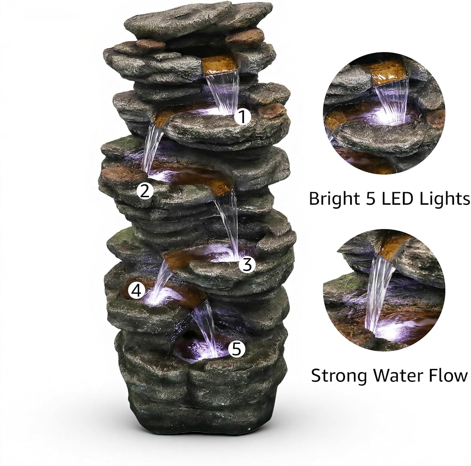 Naturefalls 40inches High Outdoor Rock Water Fountain with LED Lights - 6-Tiers Poly-Resin Cascading Waterfall Fountain for Garden, Patio, Yard, Home Decor