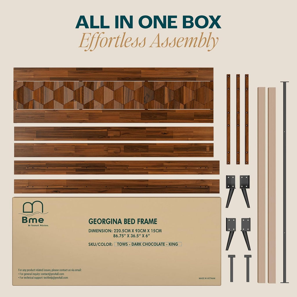 Bme Georgina Signature Dark Choco Bed Frame, King Bed Frame and Headboard Handcrafted Geometric, Mid Century Modern, Solid Acacia Wood, No Box Spring Needed, 12 Wood Slats Support, Easy Assembly