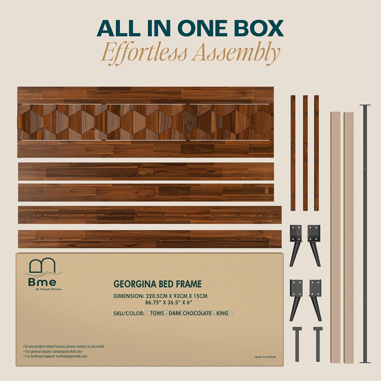 Bme Georgina Signature Dark Choco Bed Frame, King Bed Frame and Headboard Handcrafted Geometric, Mid Century Modern, Solid Acacia Wood, No Box Spring Needed, 12 Wood Slats Support, Easy Assembly