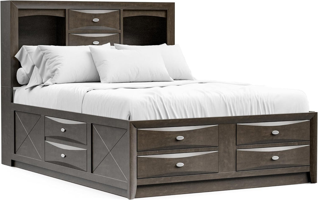 Furniture of America Darius Transitional Solid Wood 3-Piece Queen Platform Bedroom Set with Drawers, Bookcase Headboard and Knob Pulls, Mattress Ready, Gray