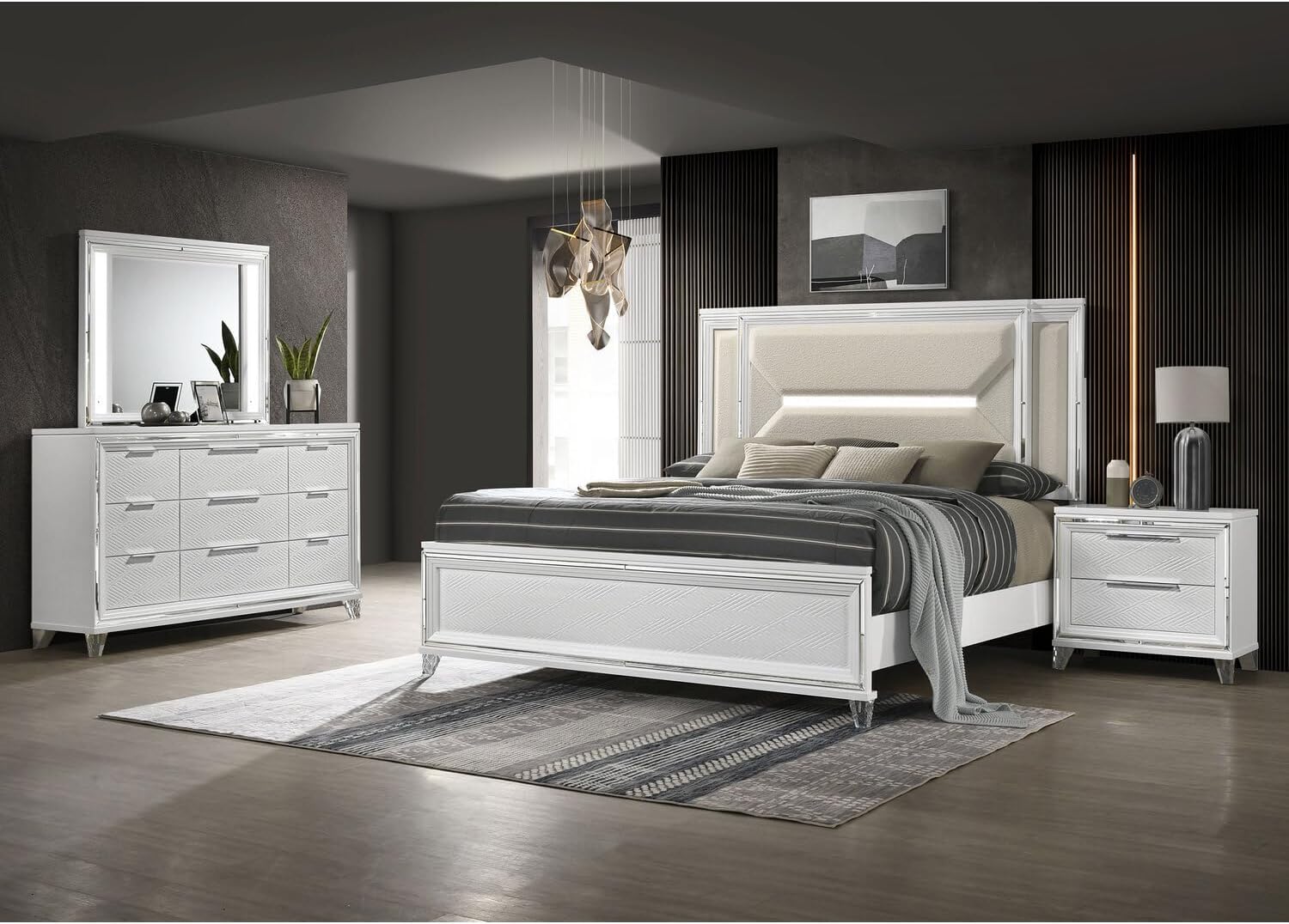HomeStock King Bedroom Set 4 Piece - White Finish Modern Design
