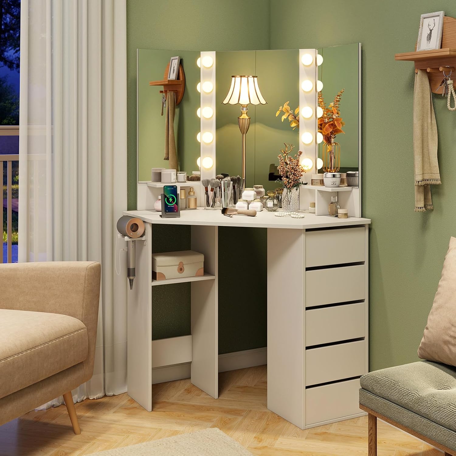COSTWAY Corner Vanity Desk with Mirror and Lights, Modern Dressing Table with Charging Station, 5 Storage Drawers for Small Space, Bedroom Makeup Vanity Desk for Women, Teen, Girls (White)