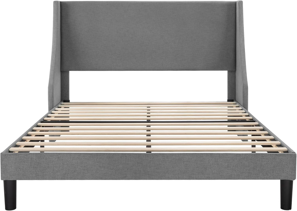 SHA CERLIN Upholstered Bed Frame Full Size with Streamlined Wingback Headboard, Breathable Linen Fabric, Solid Wooden Slats, Easy Assembly, Light Grey