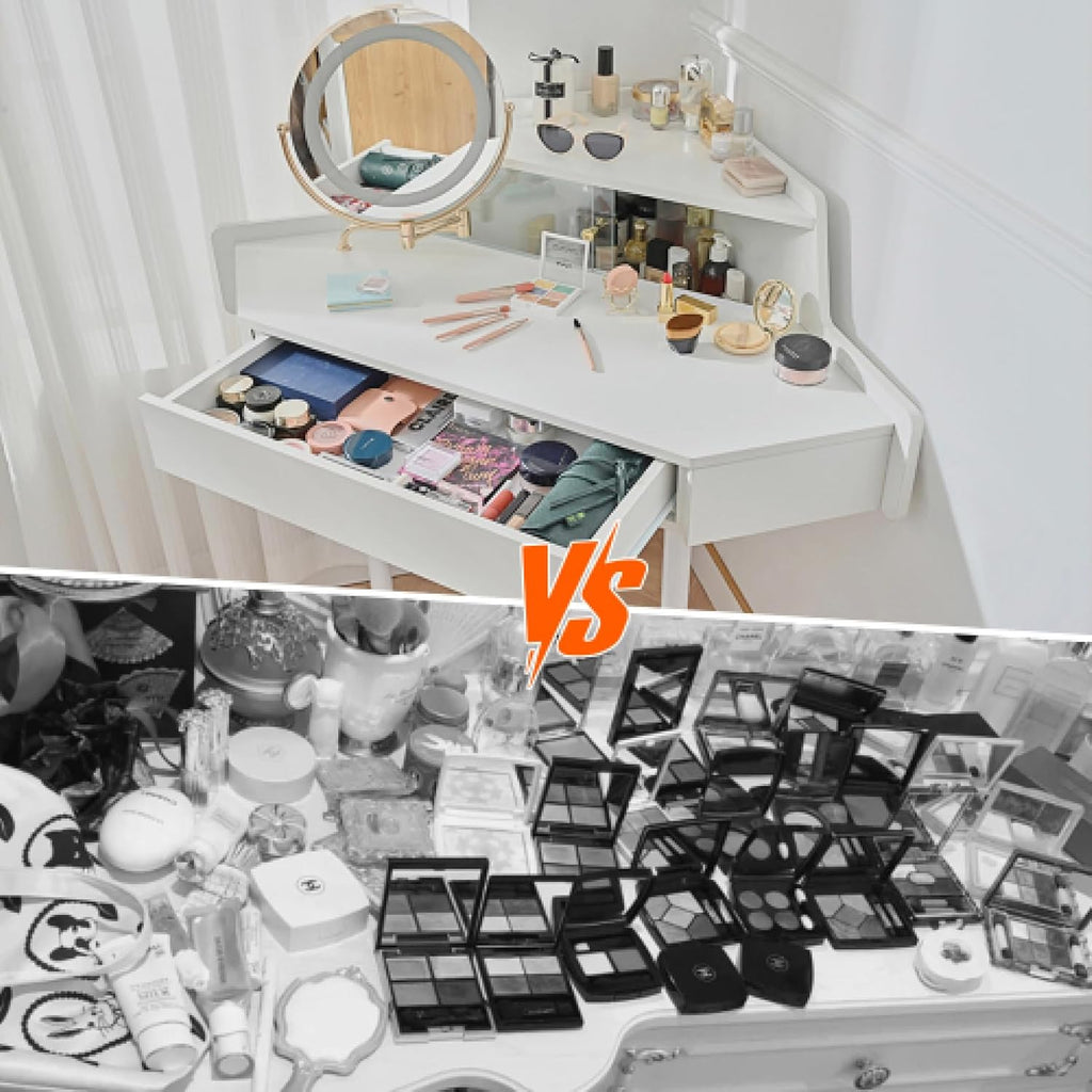 Vanity Desk Modern Corner Makeup with Large Storage LED Mirror Stool Brightness Adjustable Dressing Table for Small Bedroom