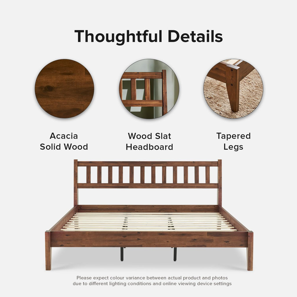 mopio Ted Bed Frame with Headboard, Mid Century Modern Acacia Solid Wood Platform Bed Frame, Wooden Slats, No Box Spring, Double Metal Bar Support (Solid Wood, King (U.S. Standard))