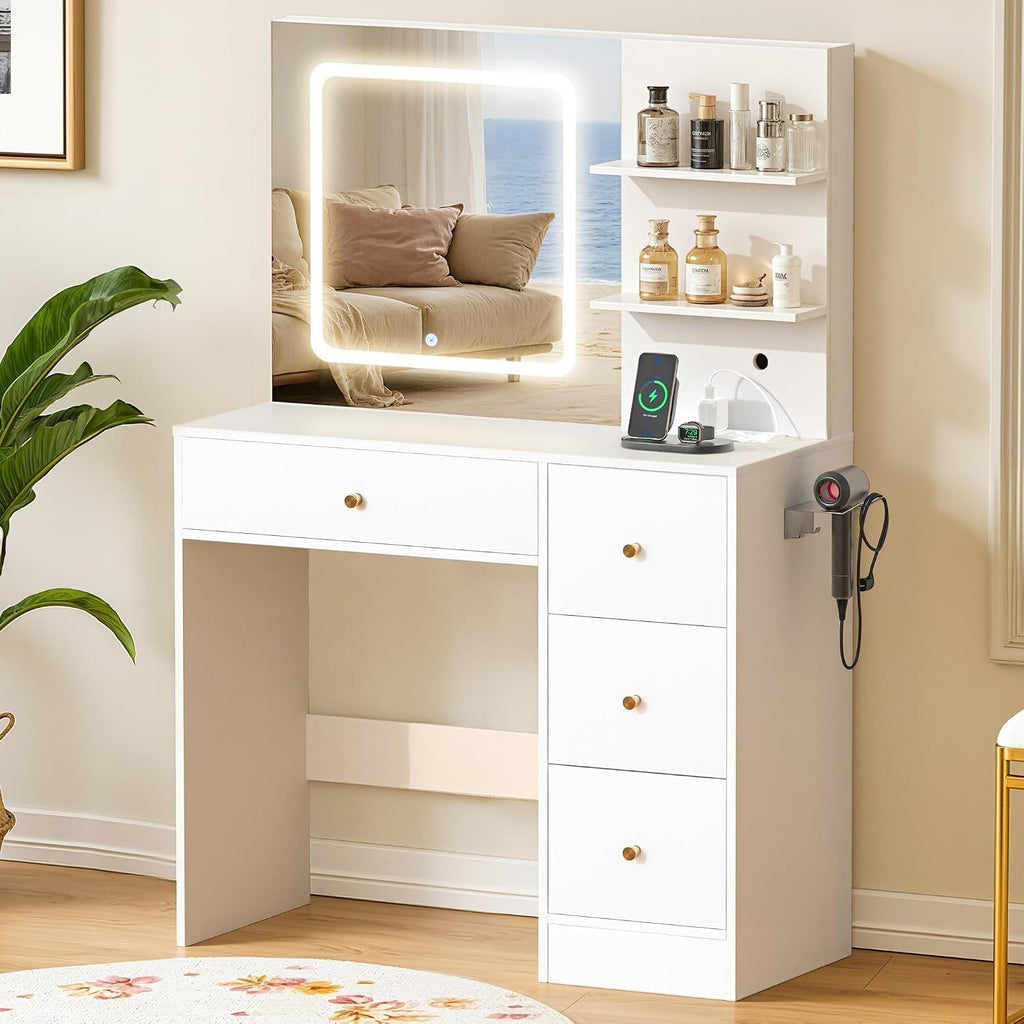 Makeup Vanity Desk with Mirror and Lights, 37' White Vanity Desk with Power Outlet & USB, 3 Modes Dimmable LED Mirror with 4 Drawers, Modern Vanity Table for Bedroom