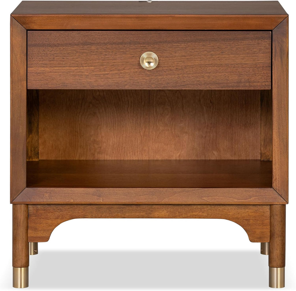 Furniture of America Forma Mid-Century Modern Solid Wood 2-Piece Bedroom Collection, Storage Bed Frame with LED Reading Light and Nightstand with Power Ports, No Box Spring Needed, Walnut, Queen