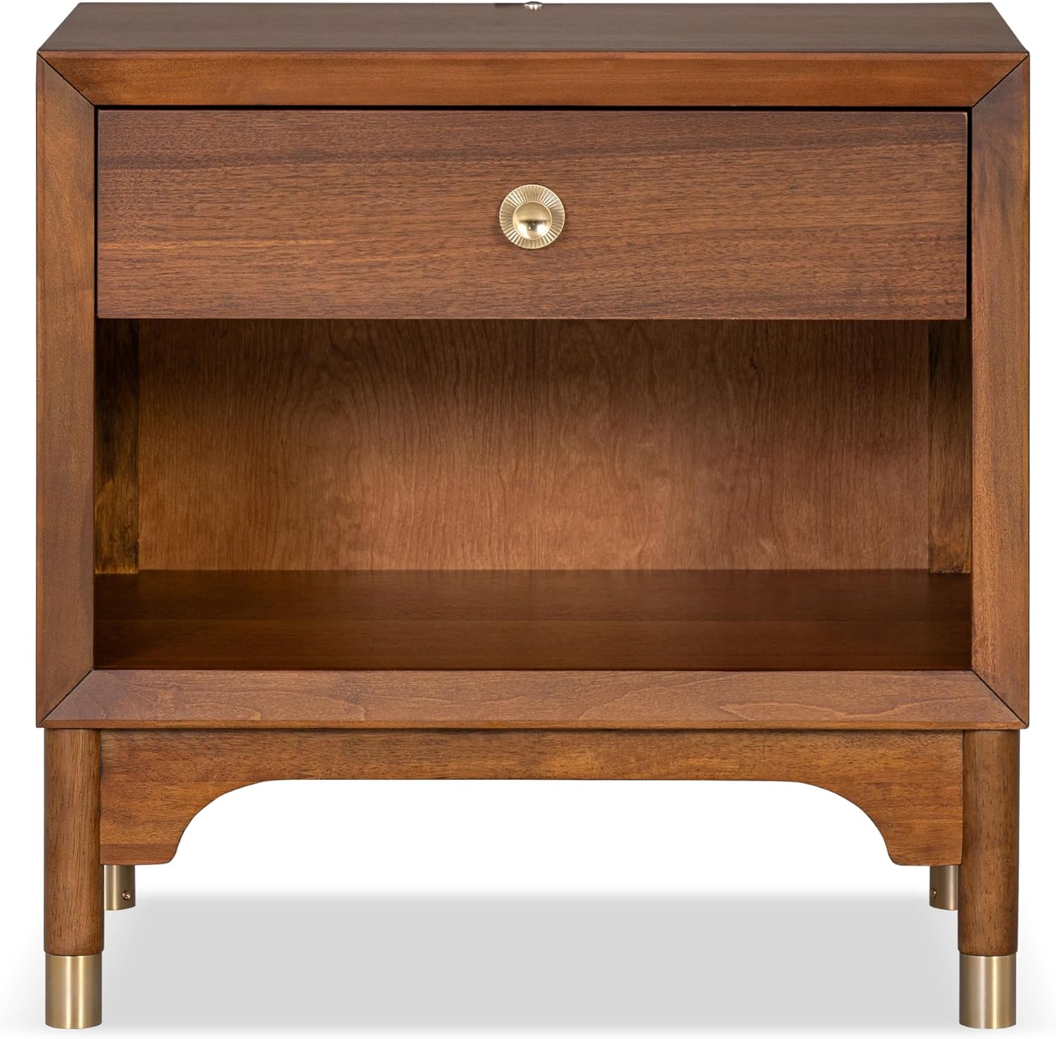 Furniture of America Forma Mid-Century Modern Solid Wood 2-Piece Bedroom Collection, Storage Bed Frame with LED Reading Light and Nightstand with Power Ports, No Box Spring Needed, Walnut, Queen