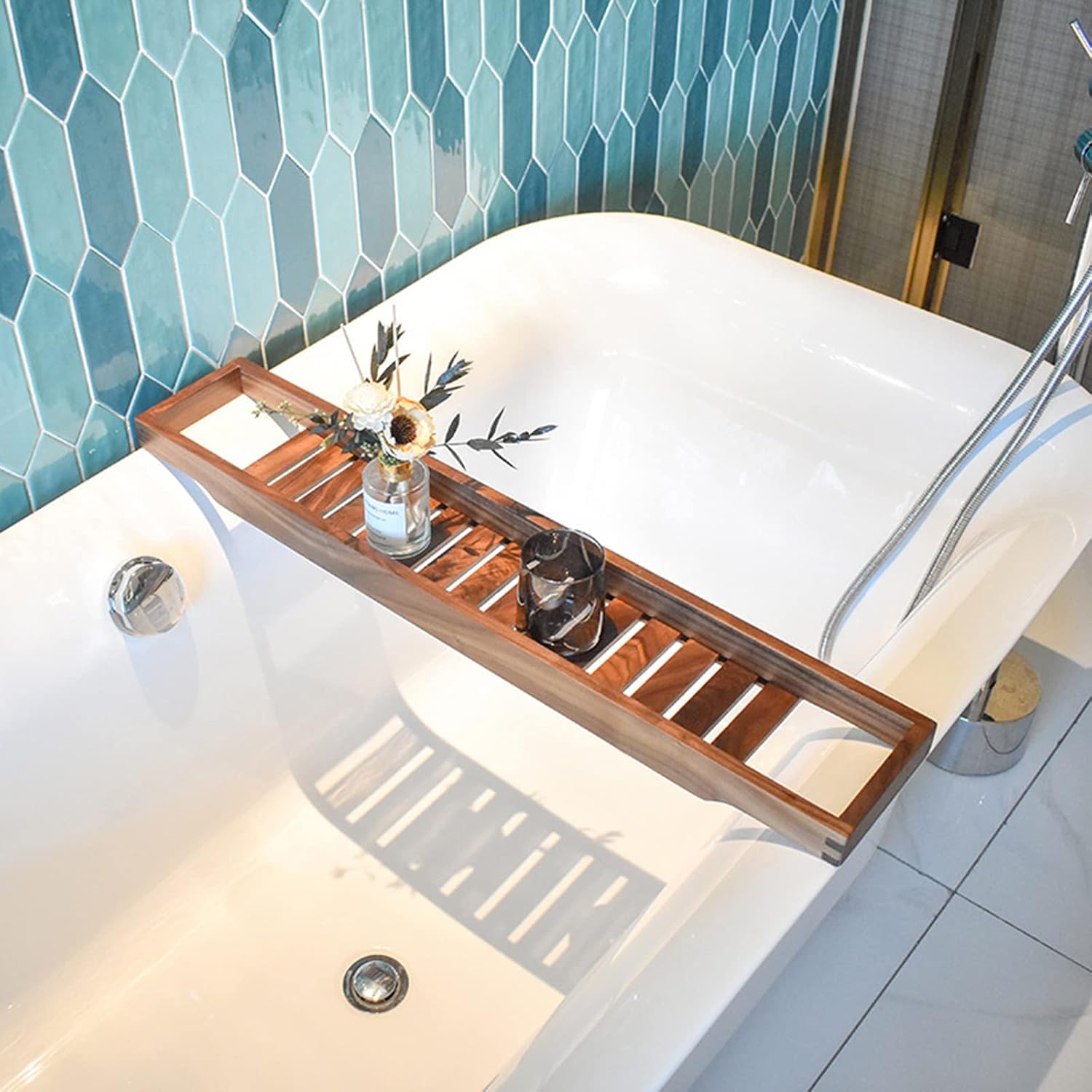 Walnut Bath Caddy Tray with Tablet Holder and Book Stand Luxury Bathroom Accessory Rack for a Relaxing Bath Experience (70 * 22cm)