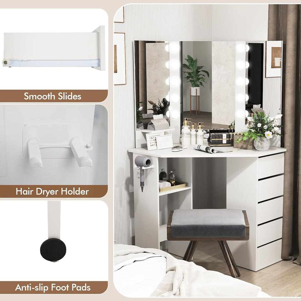 GOFLAME Corner Vanity with Mirror and Lights, Compact Vanity Table with Charging Station, 3 Lighting Modes, 5 Drawers, Dressing Table, Modern Makeup Vanity Desk with Triple Mirror for Bedroom (White)