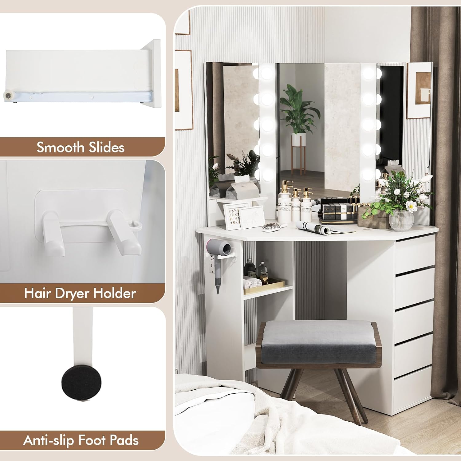 GOFLAME Corner Vanity with Mirror and Lights, Compact Vanity Table with Charging Station, 3 Lighting Modes, 5 Drawers, Dressing Table, Modern Makeup Vanity Desk with Triple Mirror for Bedroom (White)