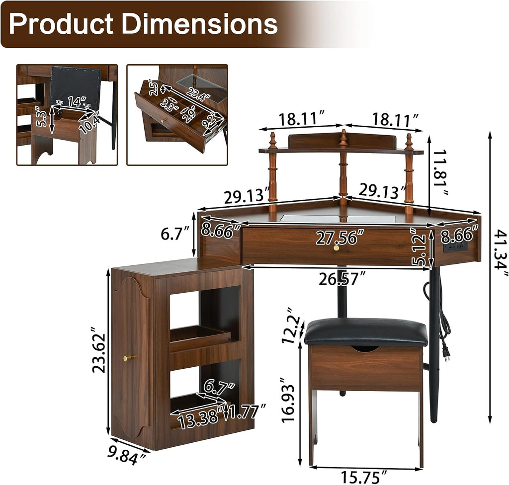 Corner Vanity Desk Set with Storage Cushioned Stool and Charging Station, Triangle Makeup Desk with Removable Pull-Out Side Cabinet, Glass Tabletop, Drawer and Shelf (Walnut)