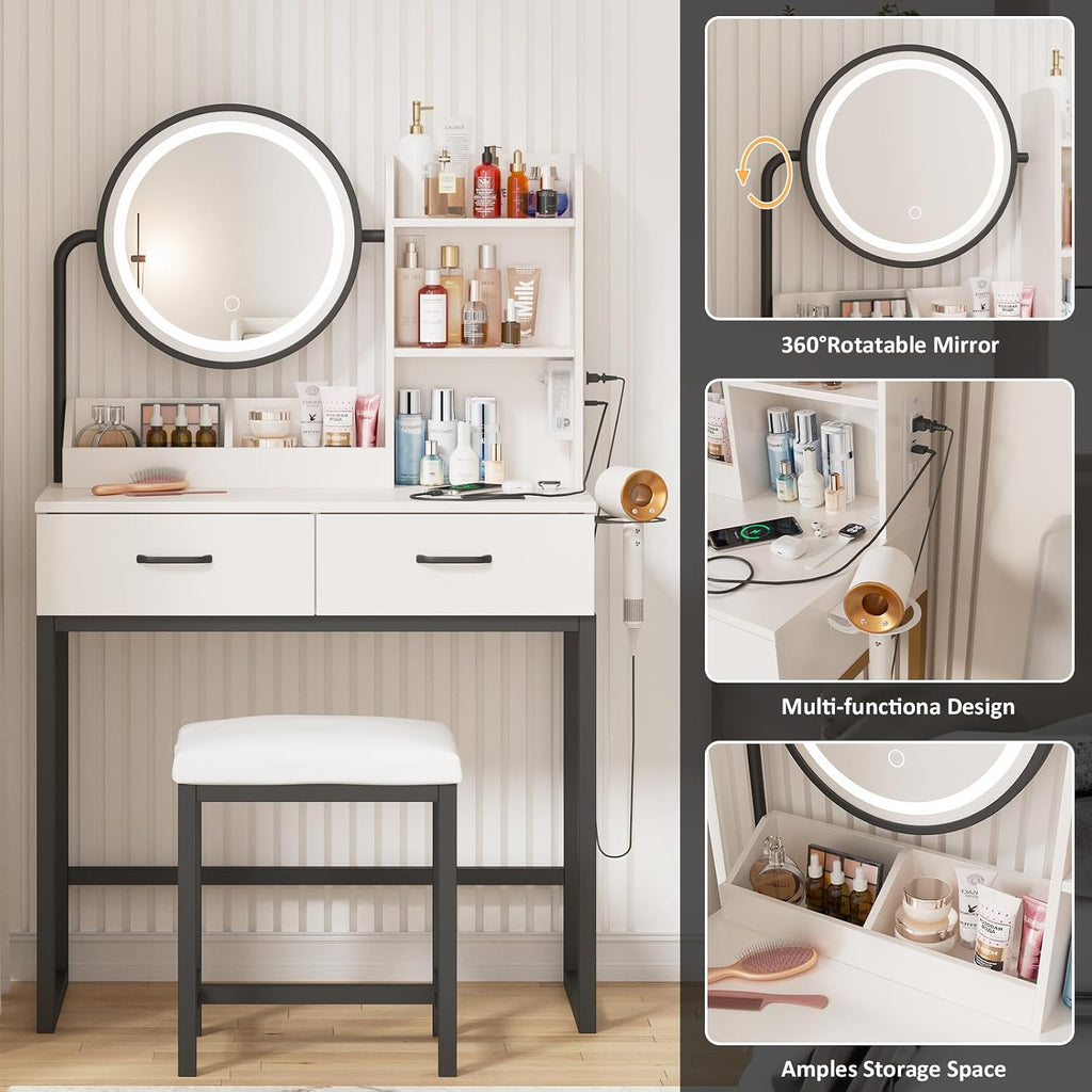 Vabches Makeup Vanity with Round Mirror and Lights, White Vanity Makeup Table with Charging Station, Small Vanity Table for Bedroom, 3 Lighting Modes, 31.5in(L)