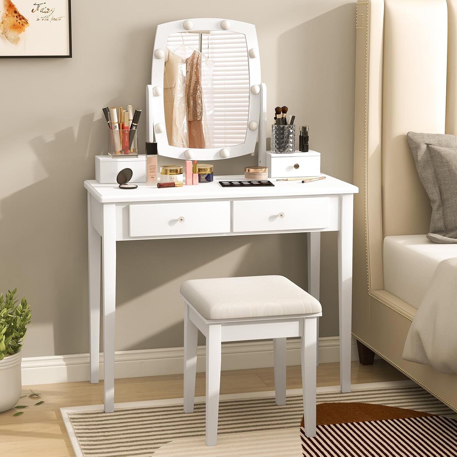 GOFLAME Vanity Table Set with Rotatable Lighted Mirror, 3-in-1 LED Lights, 4 Drawers, Dressing Table with Cushioned Stool for Bedroom (White)