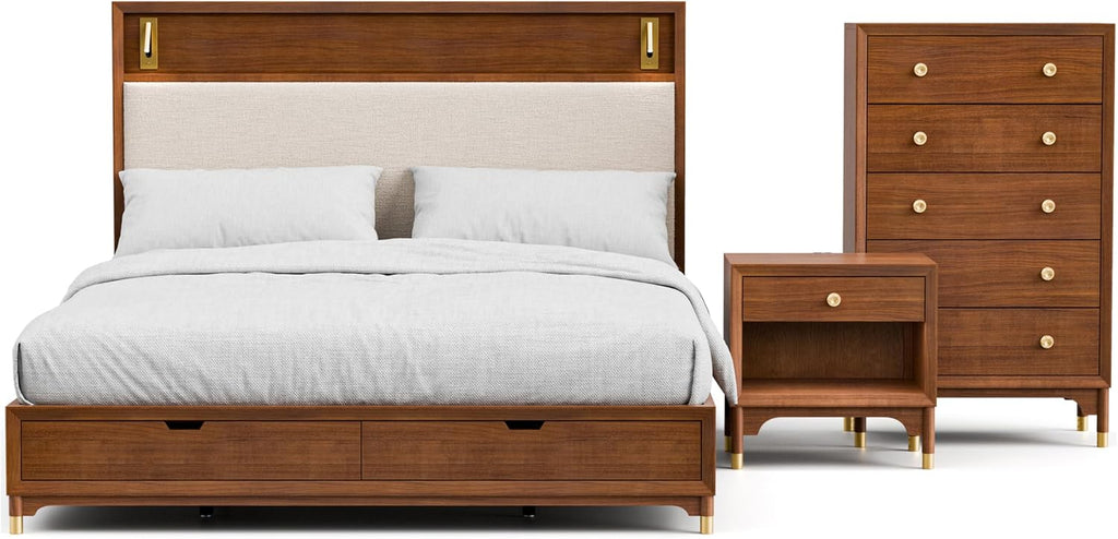 Furniture of America Forma Modern Solid Wood 3-Piece Bedroom Set with Storage Bed with LED Lights, Ball-Bearing Glide on Nightstand and Chest, No Box Spring Needed, King, Walnut