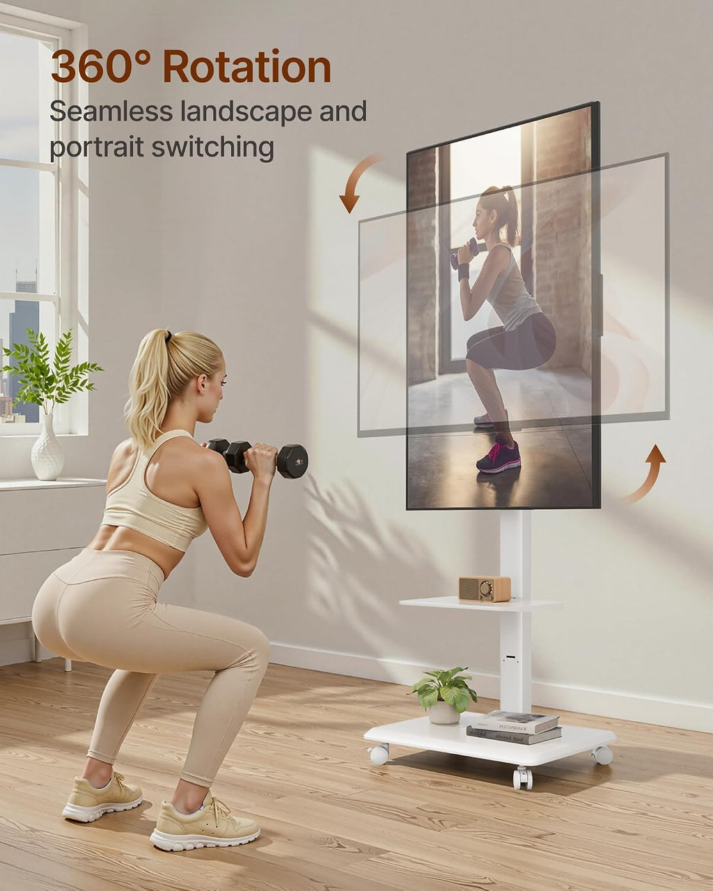 Steel Base Rolling TV Stand for 37-86 Inch TVs up to 110 lbs, Rotating & Tilt & Swivel Mobile TV Stand with Pegboard Storage Panel, Height Adjustable Portable TV Cart with Steel Shelf, White