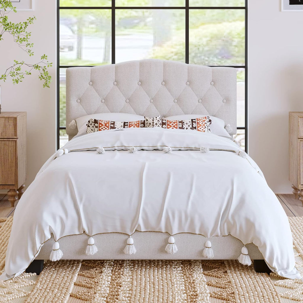 King Size Bed Frame, Upholstered Platform Bed with Diamond Tufted Headboard, Sturdy Slat Support Mattress Foundation, No Box Spring Needed, Modern Bedroom Furniture (King)