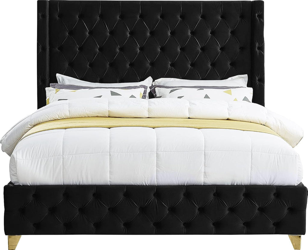Meridian Furniture SavanBlack-F Savan Collection Modern | Contemporary Velvet Upholstered Bed with Deep Button Tufting in Gold or Chrome Finish, 66' W x 81' D x 56' H, Black, Full