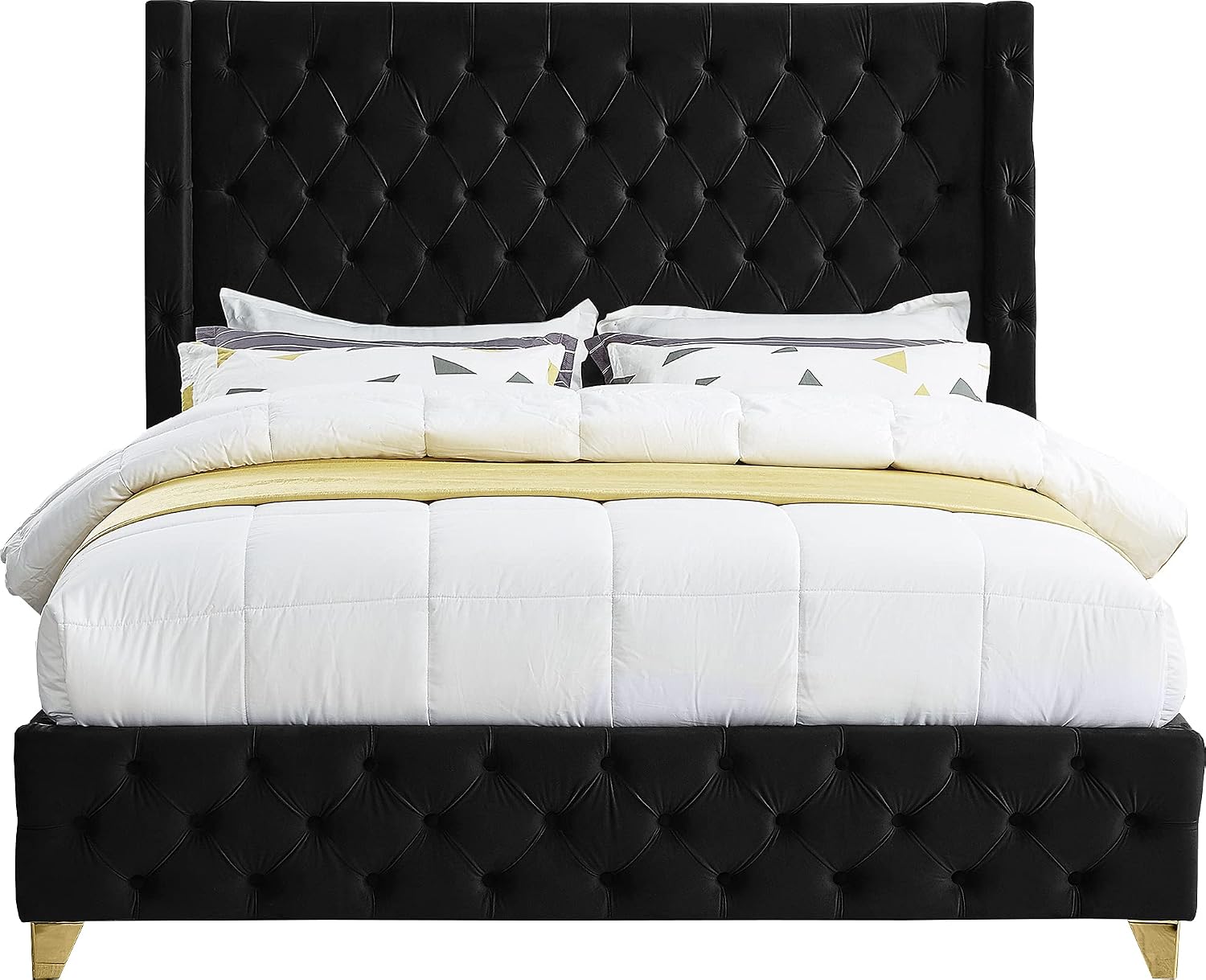 Meridian Furniture SavanBlack-F Savan Collection Modern | Contemporary Velvet Upholstered Bed with Deep Button Tufting in Gold or Chrome Finish, 66' W x 81' D x 56' H, Black, Full