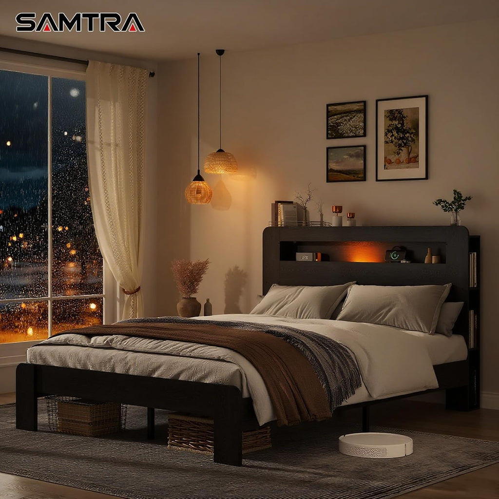 Wooden Bed Frame Queen Size with Storage Headboard - Farmhouse Platform Bed Frame with Bookcase Shelf & Led Lights, Sturdy Wood Slat Framework Bed Frame (Black LED)