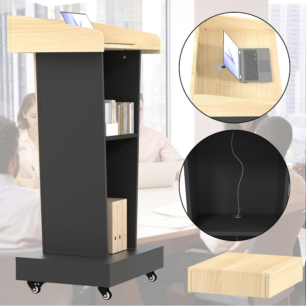 Rolling Podium Stand with Mobile Footrest - 44.3' Ergonomic Lectern for Church, Classroom, Office - Heavy-Duty Locking Wheels, Dual Storage Shelves, Cable Management, Light Wood & Black