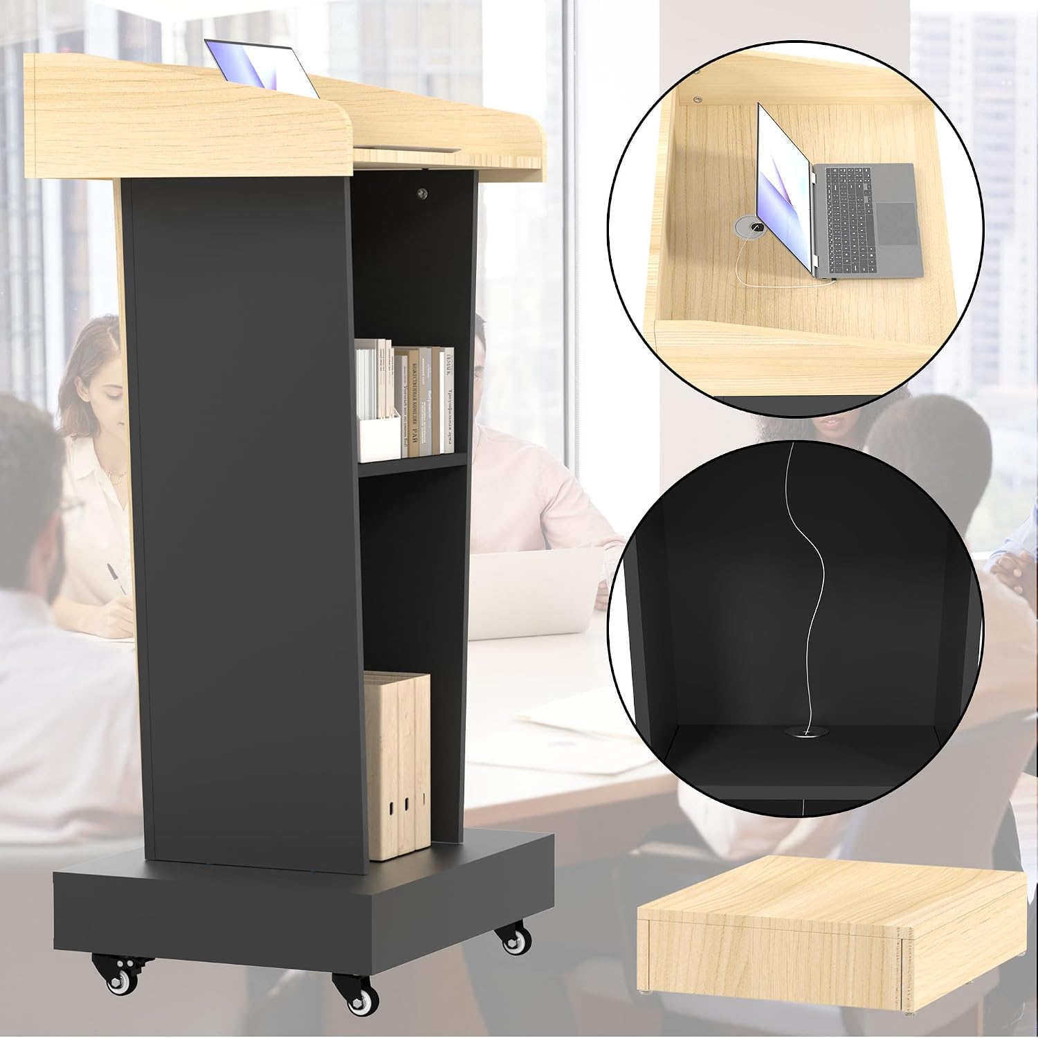 Rolling Podium Stand with Mobile Footrest - 44.3' Ergonomic Lectern for Church, Classroom, Office - Heavy-Duty Locking Wheels, Dual Storage Shelves, Cable Management, Light Wood & Black