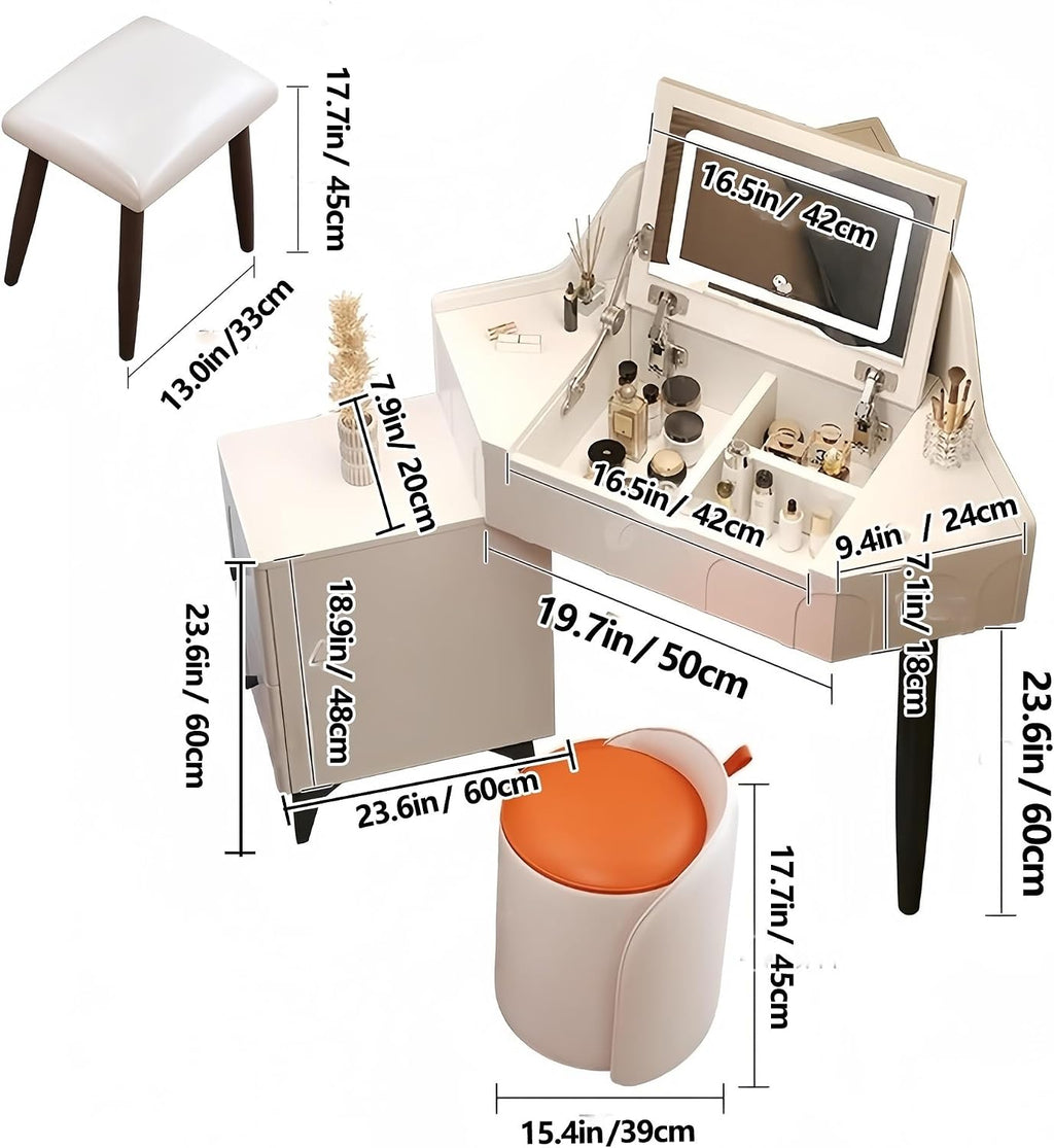 Modern Flip Top Vanity Table with LED Mirror and Drawers, Corner Dresser with Side Storage Cabinet in Small Space, Makeup Desk with Ergonomic Chair(Gray,W/CHR-A)