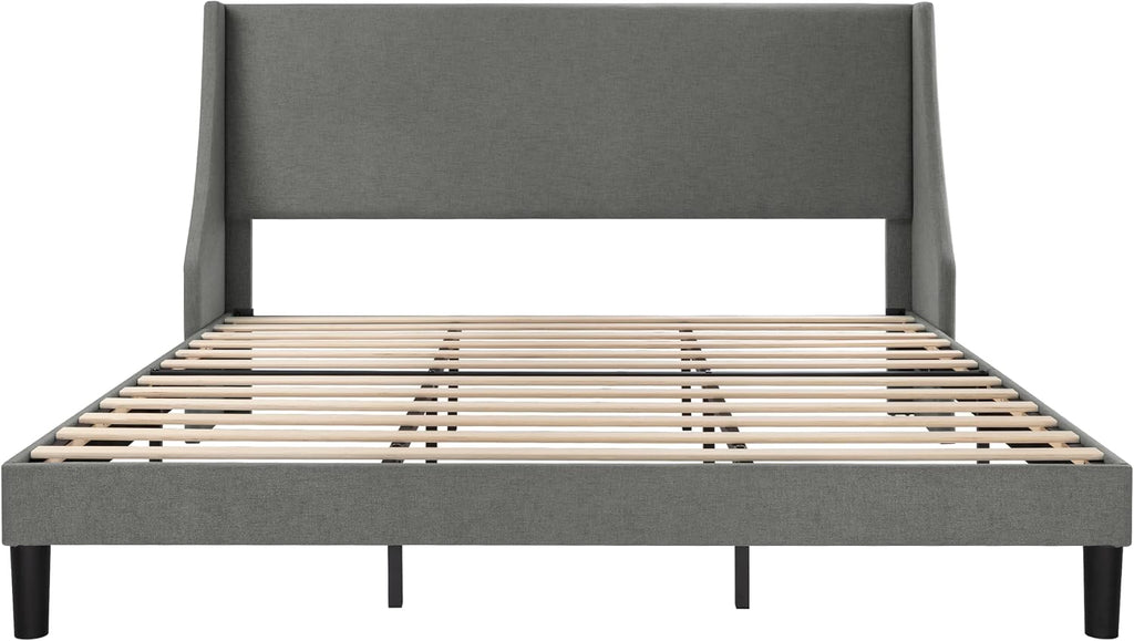 SHA CERLIN Upholstered Bed Frame King Size with Streamlined Wingback Headboard, Breathable Linen Fabric, Solid Wooden Slats, Easy Assembly, Light Grey