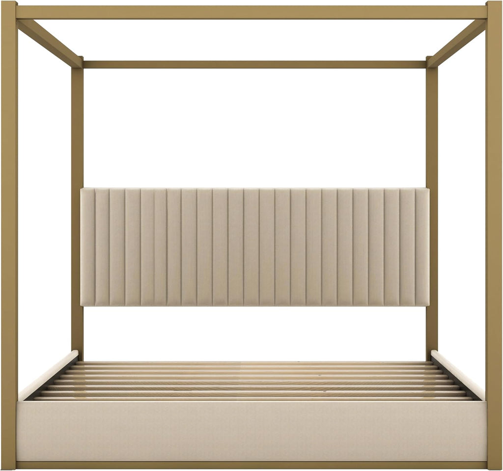 Modern 4-Poster Canopy Platform Bed King Size with Channel Upholstery Tufted Headboard, Gold Metal Canopied Design Platform Bed Frame with Strong Slats Support (Beige-1.20)