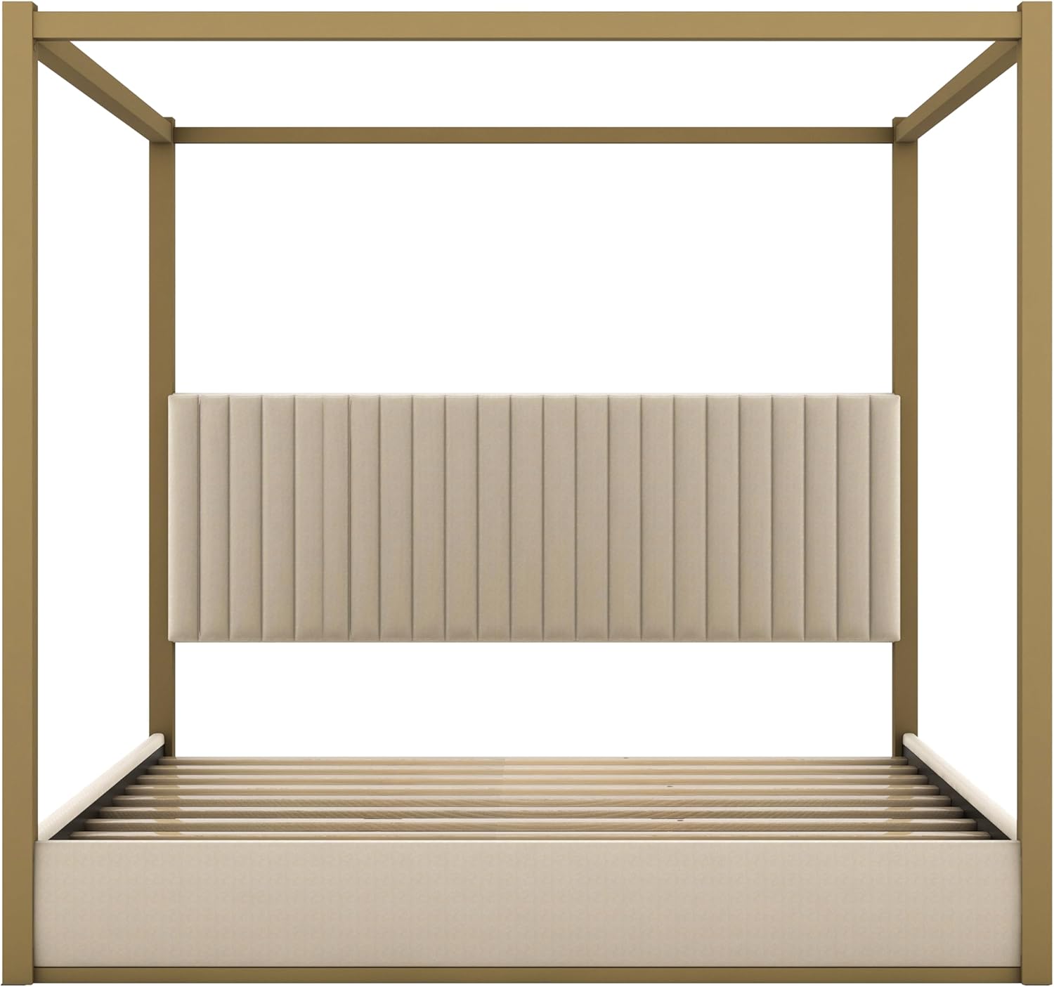 Modern 4-Poster Canopy Platform Bed King Size with Channel Upholstery Tufted Headboard, Gold Metal Canopied Design Platform Bed Frame with Strong Slats Support (Beige-1.20)