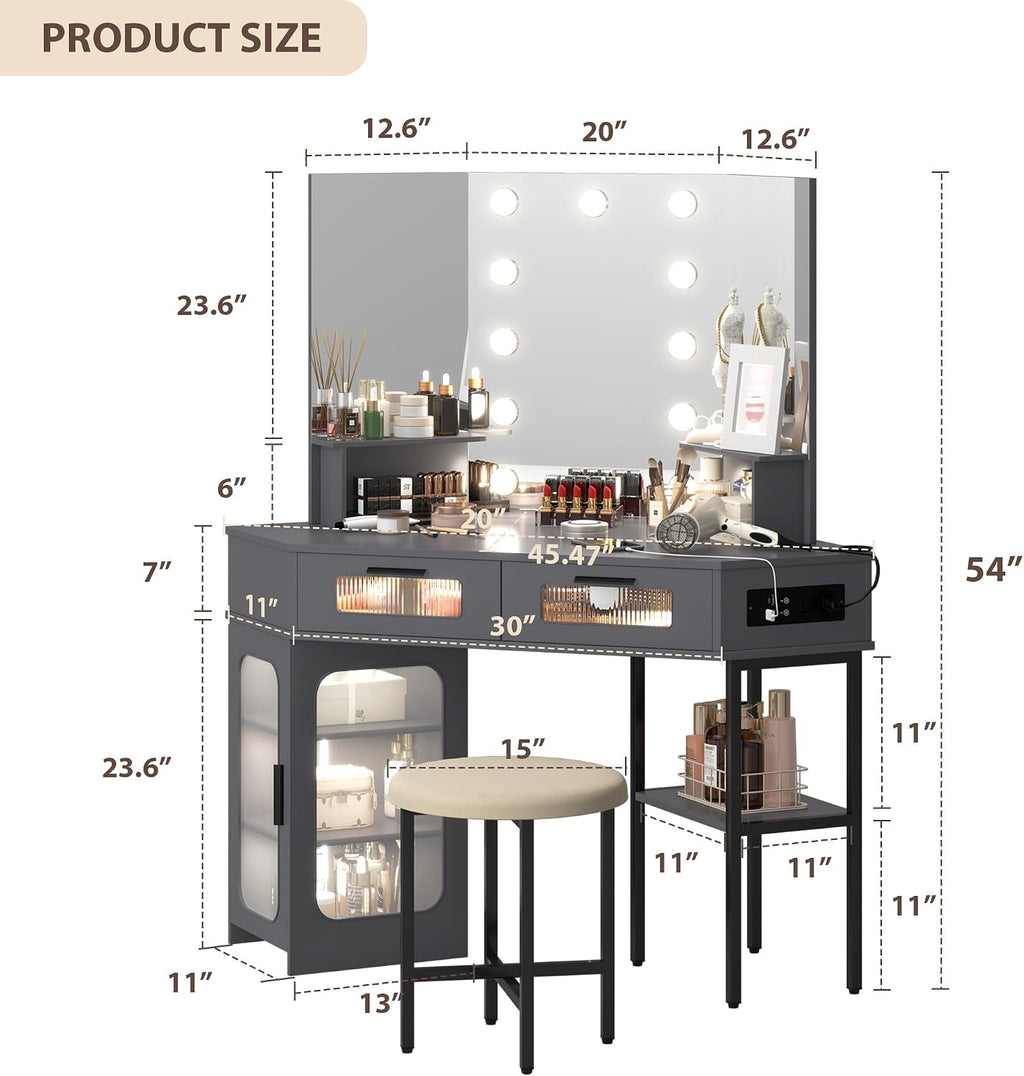 Lareth Corner Vanity Desk with 3 Way Mirror and Lights, Modern Makeup Vanity with Charging Station, Stool, 45.5' Large Bedroom Dressing Table with 2 Drawers & Shelves, Gifts for Girls Women, Grey