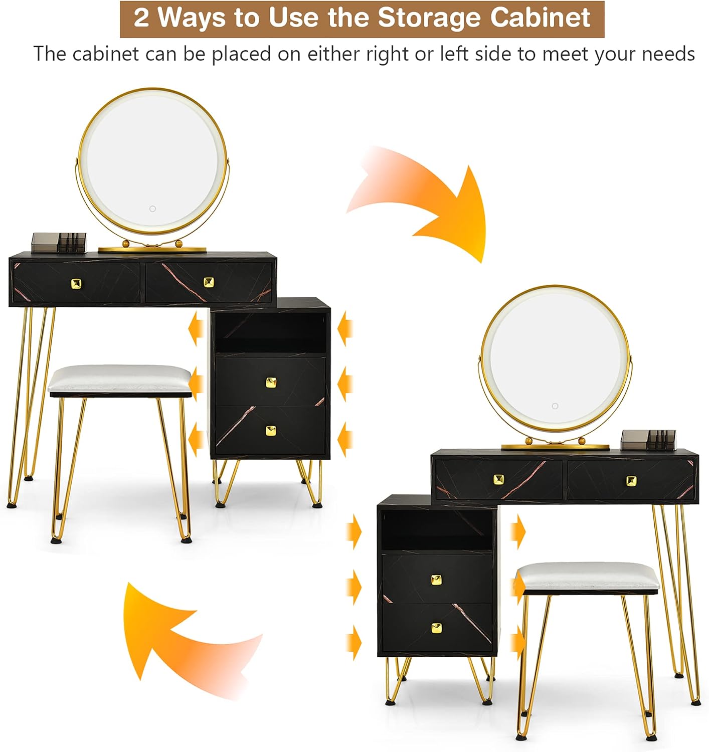 DORTALA Vanity Set, Wooden Makeup Dressing Table with 3 Colors Lighted Mirror & Stool, Left or Right Side Cabinet, Lipstick Storage Box, Large Storage Drawers, Bedroom Vanity Desk Set for Girls, Black