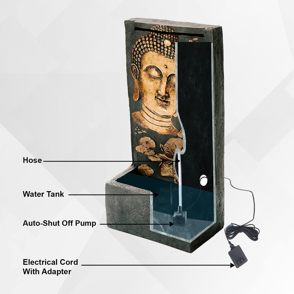 XBrand Polystone Indoor Outdoor Relaxing Zen Buddha Face Wall Water Fountain with Pump and Splash Guard, Wall-Mounted Fountains, Home Garden Patio Backyard Decor, Bronze and Natural Stone Finish